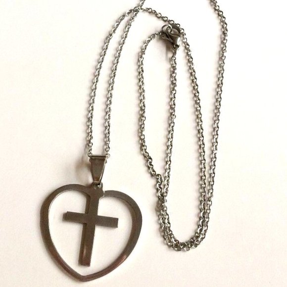 Sacred Heart Cross Necklace 24" Silver Stainless Steel Catholic Christian Gift - Picture 7 of 12